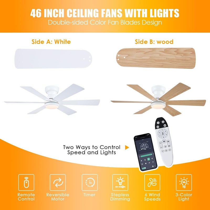 Asyko 46In Flush Mount Ceiling Fans with RGB Light- White Modern Ceiling Fan, Dimmable+3CCT, Quiet Reversible Motor, Low Profile Fan Light for Indoor Bedroom, Kids Room - Image 4